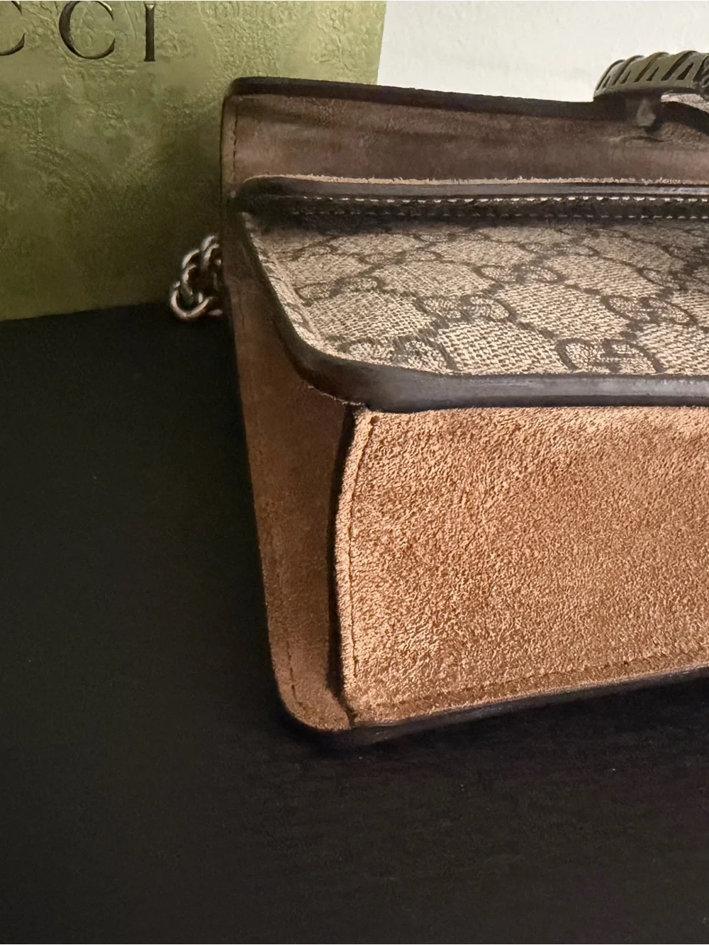 Gucci GG Supreme Small Shoulder Bag in Brown and Tan with Silver Hardware